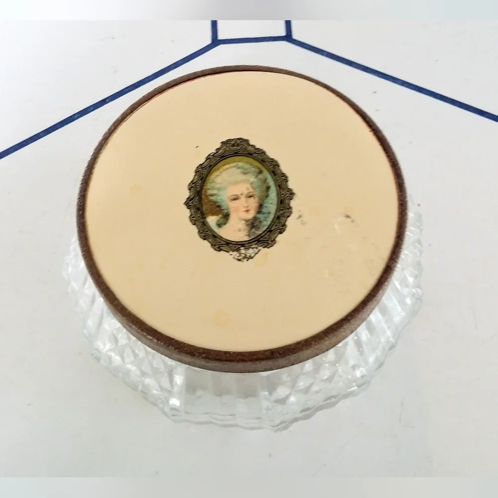 Vintage Glass Vanity Jar with Decorative Cameo Style Lid, Art Deco